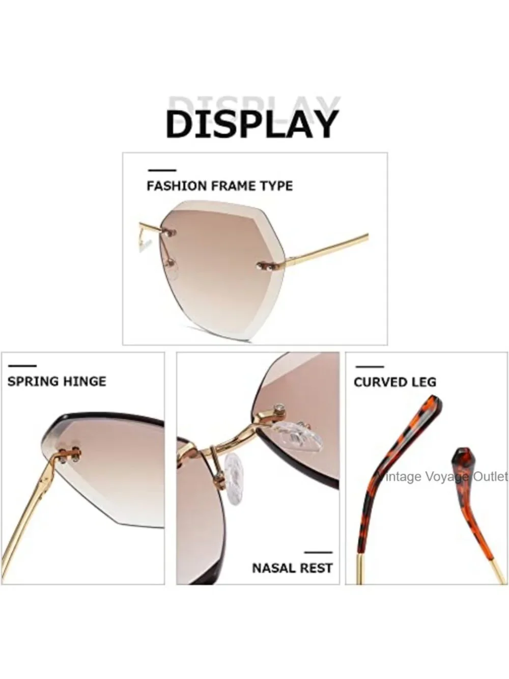 Oversized Rimless Sunglasses UV400 Diamond Cut Metal Frame Women